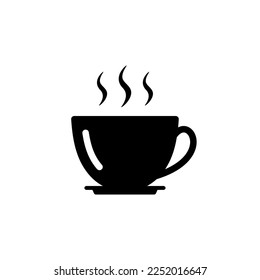 Copa negra con un icono de bebida caliente al vapor. Bebida de café caliente y cappuccino aromático para la vivacidad matutina y diseño gráfico para teatros vectoriales