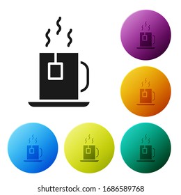 Black Cup of tea with tea bag icon isolated on white background. Set icons in color circle buttons. Vector Illustration