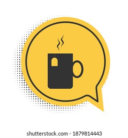 Black Cup of tea with tea bag icon isolated on white background. Yellow speech bubble symbol. Vector.