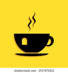 Black Cup with tea bag icon isolated on yellow background. Long shadow style. Vector.