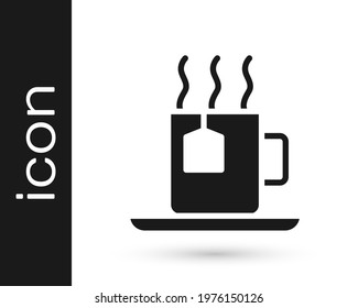 Black Cup of tea with tea bag icon isolated on white background.  Vector