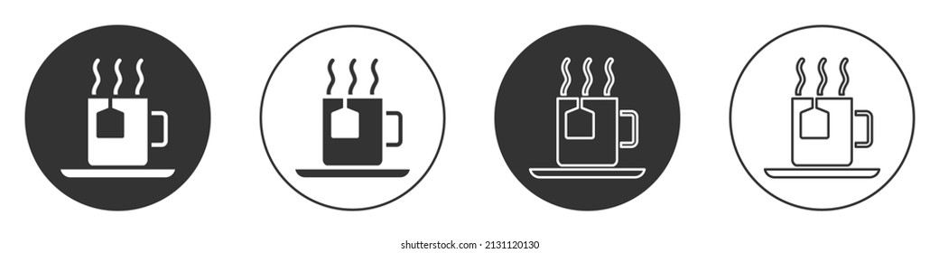 Black Cup of tea with tea bag icon isolated on white background. Circle button. Vector