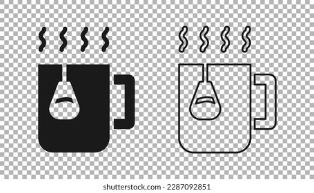 Black Cup of tea with tea bag icon isolated on transparent background.  Vector