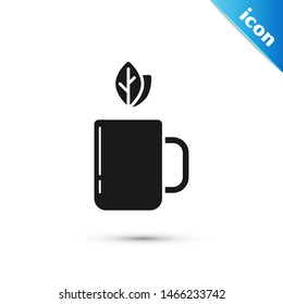 Black Cup of tea and leaf icon isolated on white background.  Vector Illustration