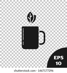 Black Cup of tea and leaf icon isolated on transparent background.  Vector Illustration