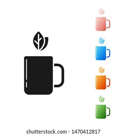 Black Cup of tea and leaf icon isolated on white background. Set icons colorful. Vector Illustration