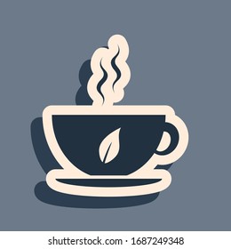 Black Cup of tea and leaf icon isolated on grey background. Long shadow style. Vector Illustration
