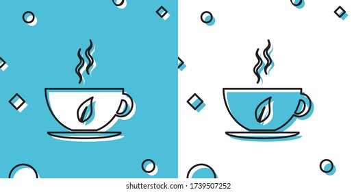 Black Cup of tea and leaf icon isolated on blue and white background. Random dynamic shapes. Vector Illustration