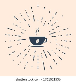 Black Cup of tea and leaf icon isolated on beige background. Abstract circle random dots. Vector Illustration