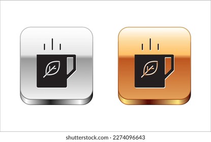 Icono de la Copa Negra de té y hoja aislado en fondo blanco. Botón cuadrado de oro plateado. Vector