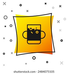 Black Cup of tea and leaf icon isolated on white background. Yellow square button. Vector