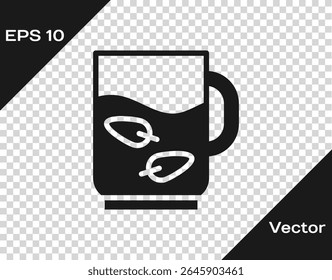 Schwarze Tasse Tee und Blattsymbol einzeln auf transparentem Hintergrund.  Vektorgrafik