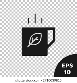 Black Cup of tea and leaf icon isolated on transparent background.  Vector