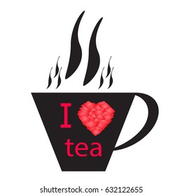Black cup of tea, I love tea, against white background, vector clip art