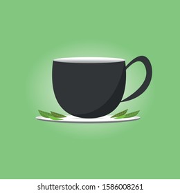 Black Cup of Tea, saucer plate and tea leaves on green background. Vector Stock Illustration.
