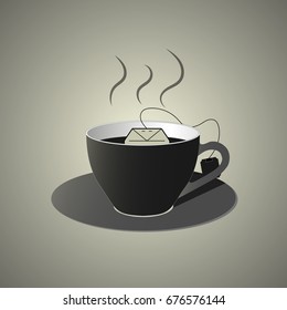 Black cup of tea with teabag icon, flat design in black and white colors