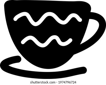 Black cup with wavy white ines, icon illustration, vector on white background