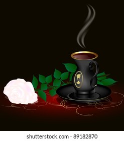 black cup and white rose