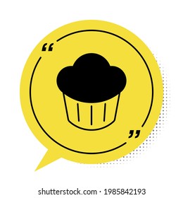 Black Cupcake icon isolated on white background. Yellow speech bubble symbol. Vector