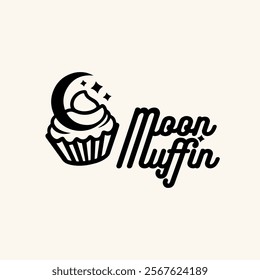 Black cupcake Icon, muffin retro style logo. Vector illustration isolated on white background. Can be used as logo, icon, sign or symbol - cupcake silhouette. Moon muffin bakery or shop logo.