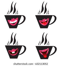 Black cups for drinks with painted smiles, on white background, vector graphics