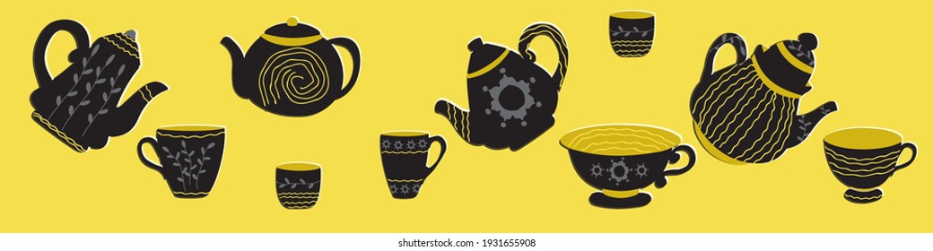 Black cups, teapots on a yellow background. Vector illustration