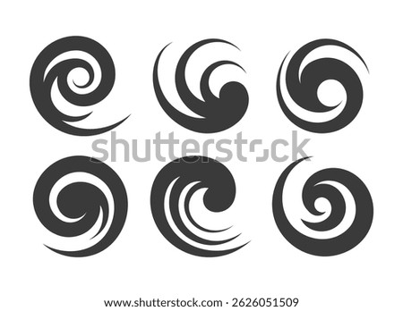 Black curl logo set. Monochrome spiral loop signs isolated vector illustration