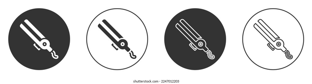 Black Curling iron for hair icon isolated on white background. Hair straightener icon. Circle button. Vector