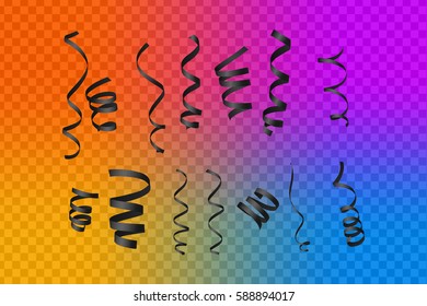 Black Curling Stream. Set realistic serpentine for design. Transparent Background. Vector Illustration