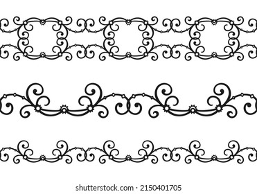 Black curls with small gears on a white background. Seamless horizontal border for packaging, wrapper, website, greeting card, printing on fabric, textile, clothes, bag, tape and ribbon. Vector design