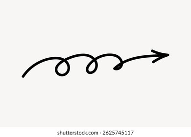 Flecha rizada negra sobre fondo blanco. Flecha rizada con bucles. Diseño negro simple. Flecha rizada apuntando a la derecha. Ilustración minimalista. Vector de flecha Doodle.