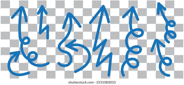 Black curly arrows isolated on a transparent background. Arrows of various shapes. Vector clipart. Arrow set.