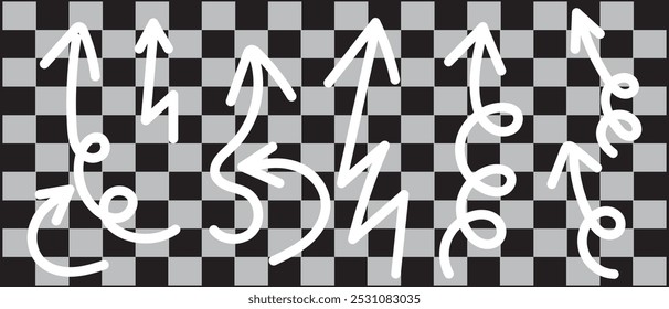 Black curly arrows isolated on a transparent background. Arrows of various shapes. Vector clipart. Arrow set.