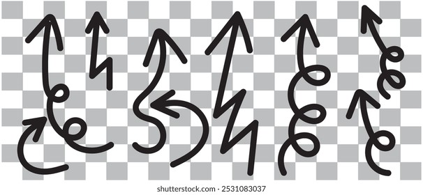 Black curly arrows isolated on a transparent background. Arrows of various shapes. Vector clipart. Arrow set.