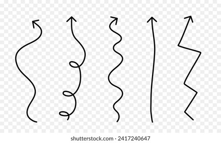 Black curly arrows. Arrows of various shapes isolated on a transparent background. Vector clipart. Arrow set.
