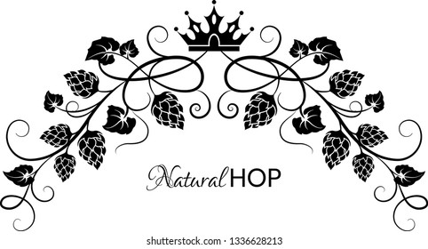 Black curly garland with hop branches,  leaves and crown. Hop cones. Design element for brewery, beer festival, bar, pub . Vector illustration. 