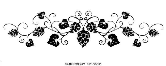 Black curly ornament with hop branches,  leaves and crown. Hop cones. Design element for brewery, beer festival, bar, pub . Vector illustration. 
