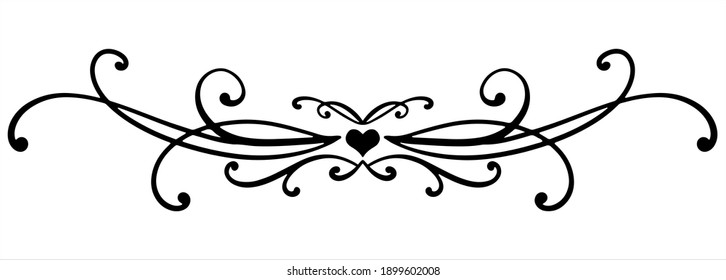 Black curly vector element with thin rounded lines. Heart and swirl for decoration of festive products, web, menus, labels. Ornament for Valentine's day, birthday, mother's day, the 8 March