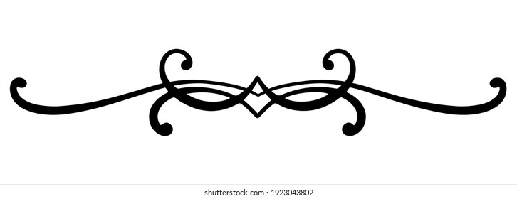 Black curly vector element with thin rounded lines. Swirl for decoration of festive products, web, menus, labels.
