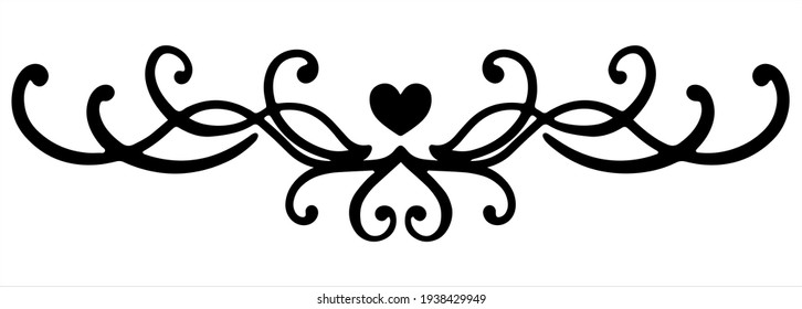Black curly vector element with thin rounded lines. Heart and swirl for decoration of festive products, web, menus, labels. Ornament for Valentine's day, birthday, mother's day, the 8 March
