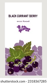 Black currant berry or jam pack label design, hand drawn vector illustration. Black currant berry label or sticker mockup for food and cosmetics packs.