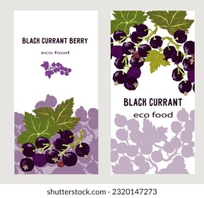 Black currant berry or jam pack labels or stickers bundle, hand drawn vector illustration. Black currant berry food label mockups st.