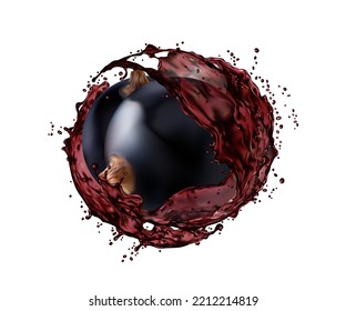 Black currant berry with juice splash. Realistic 3d vector blackcurrant liquid purple swirl. Isolated fresh vitamin fruit drink, juice or compote splash. Beverage whirl with drop splatters