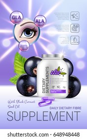 Black currant dietary supplement ads. Vector Illustration with eye supplement contained in bottle and blackcurrant elements. Vertical poster.