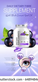 Black currant dietary supplement ads. Vector Illustration with eye supplement contained in bottle and blackcurrant elements. Vertical banner.