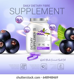 Black currant dietary supplement ads. Vector Illustration with eye supplement contained in bottle and blackcurrant elements. Poster.