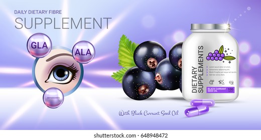 Black currant dietary supplement ads. Vector Illustration with eye supplement contained in bottle and blackcurrant elements. Horizontal banner.