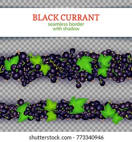 Black currant fruit horizontal seamless borders. Vector illustration card Wide and narrow endless strip with black currant berries for design of food packaging juice breakfast, cosmetics, detox diet