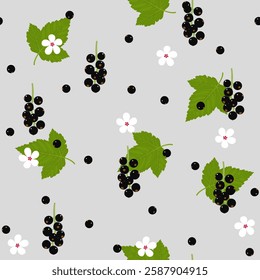 Black currant isolated on a light gray background. Seamless pattern. Berries, green leaves and white flowers in the flat style. Background for paper, gift wrap, textile, wallpaper.