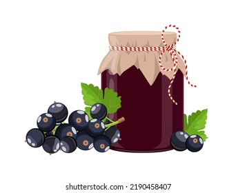 Black currant jam or confiture jar in rustic style, homemade fruit berry preserve, vector illustration on white background